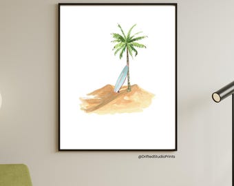 Stampa di una tavola da surf con palma tropicale – Decorazione per casa sulla spiaggia (download digitale)