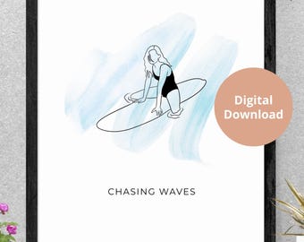 Minimalist Surf Girl Print, Coastal Wall Art (Digital Download)