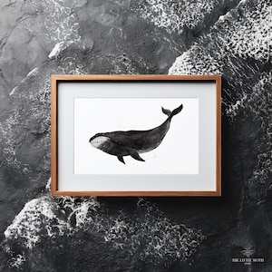 May include: A framed watercolor print of a whale in shades of black and gray. The whale is depicted in a minimalist style with a white background. The frame is made of light brown wood. The Little Moth Studio logo is in the bottom right corner.