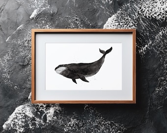 Lámina pintada a mano con acuarela de una ballena boreal, arte mural para habitación infantil con temática oceánica, descarga digital costera, póster náutico, lámina imprimible de vida marina.
