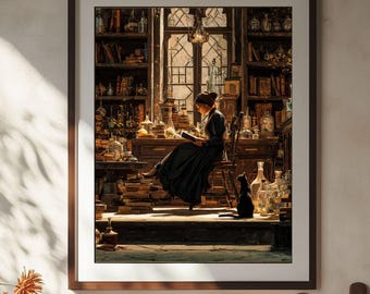 Lámina artística de Gato Brujo: Cocina de la Botica de Dark Academia (Descarga digital)