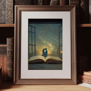 Starfall Lovers Art Print | Fantasy Romance Wall Art | Open Book Night Sky Poster | Book Inspired Starry Window Art