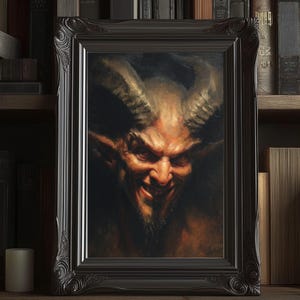 Halloween Demon Print | Gothic Wall Art | Horned Devil Oil Painting | Dark Fantasy Decor | Occult Aesthetic | Horror Portrait