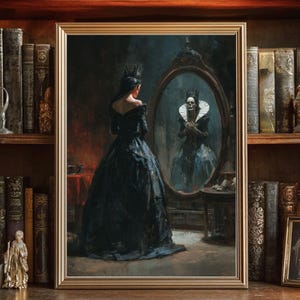 May include: A framed painting shows a woman in a dark gown gazing into a mirror, reflecting a skeletal figure. The artwork has a gothic theme, with a gold frame and is displayed on a wooden shelf with books and decorative items.