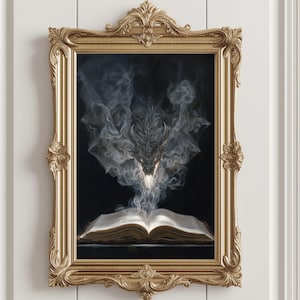 Grafika z motywem smoka z Dark Academia | Dekoracja ścienna w stylu fantasy | Magiczny smok z Księgi Zaklęć | Plakat inspirowany romantyzmem | Gotycka sztuka domowa