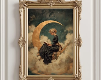 Lámina artística de la Diosa de la Luna: Mujer celestial leyendo, decoración gótica vintage (solo archivo digital)