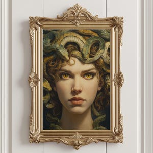 Medusa Halloween Art | Gorgon Wall Decor | Mythology Oil Painting | Snake Hair Portrait | Dark Fantasy Print | Spooky Home Decor