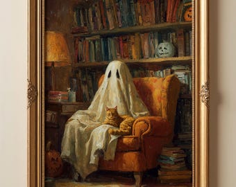 May include: A framed oil painting depicting a figure draped in a white sheet sitting in an orange armchair with an orange tabby cat. The scene includes a bookshelf, a lamp, and carved pumpkins, all enclosed in an ornate gold-colored frame.