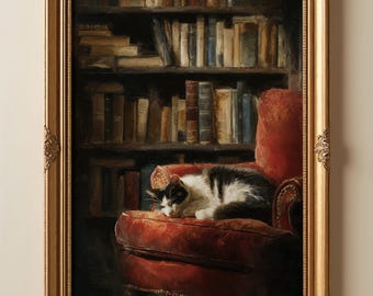 Lámina artística de gato en la biblioteca / Decoración de pared acogedora con temática de estantería / Regalo para amantes de los gatos con estética Dark Academia