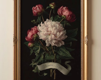 November Birth Flower Print | Peony Botanical Wall Art | Dark Academia Floral Gift