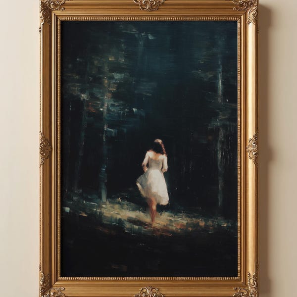 Mujer en un bosque blanco / Arte mural de terror gótico / Pintura de figura oscura y embrujada