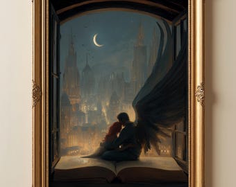 Angel and Fae Art Print | Urban Fantasy Romantic Wall Decor | Crescent Moon Bookish Gift
