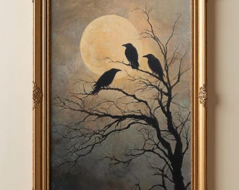 Impression d'art gothique lune corbeau | Décoration murale nature foncée | Paysage de pleine lune avec des corbeaux