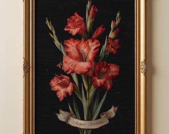 August Birth Flower Print | Gladiolus Botanical Wall Art | Dark Academia Floral Gift
