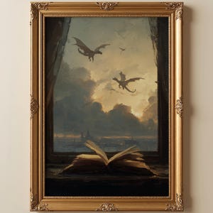 May include: A framed painting depicts dragons soaring through a cloudy sky above a city. An open book rests on a windowsill in the foreground. The ornate gold frame adds a classic touch to the fantasy art.