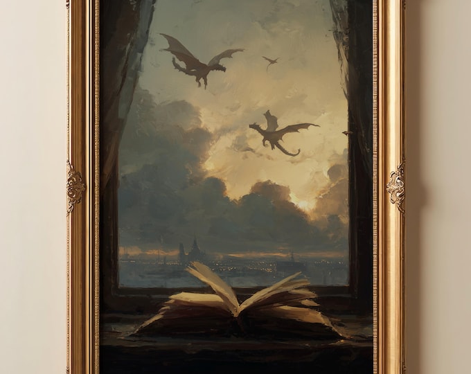 Fantasy Book Art Print | Dragon Window Painting | Book Inspired Wall Art | Bookish Decor | Library Aesthetic | Cozy Fantasy