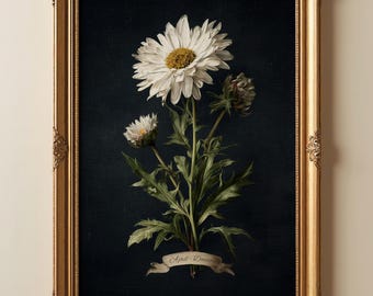 Bloemenprint geboorte april | Botanische kunst aan de muur madeliefje | Bloemencadeau Dark Academia