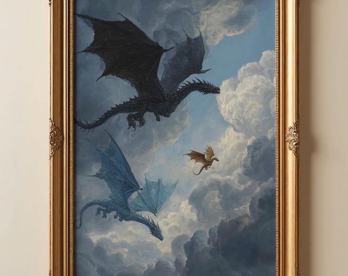 Fantasy Dragon Art Print | Book Inspired Wall Decor | Flying Dragons Painting | Dark Academia Aesthetic | Cozy Fantasy Room Art
