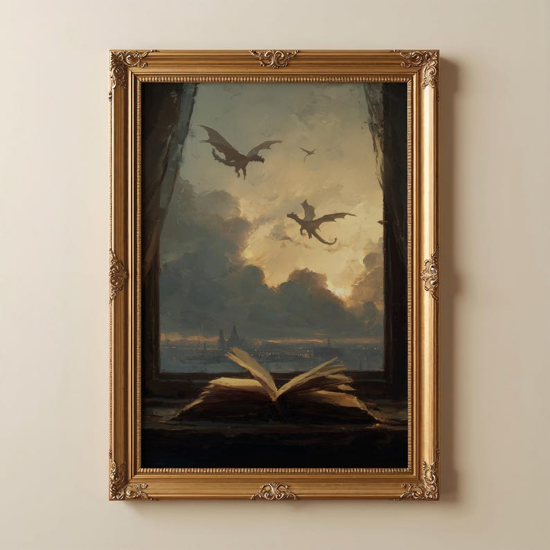 May include: A framed painting depicts dragons soaring through a cloudy sky above a city. An open book rests on a windowsill in the foreground. The ornate gold frame adds a classic touch to the fantasy art.