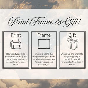 May include: An image with the text "Print, Frame & Gift!" featuring three framed sections. The first section shows a printer icon with the text "Print". The second section shows a frame icon with the text "Frame". The third section shows a gift icon with the text "Gift".