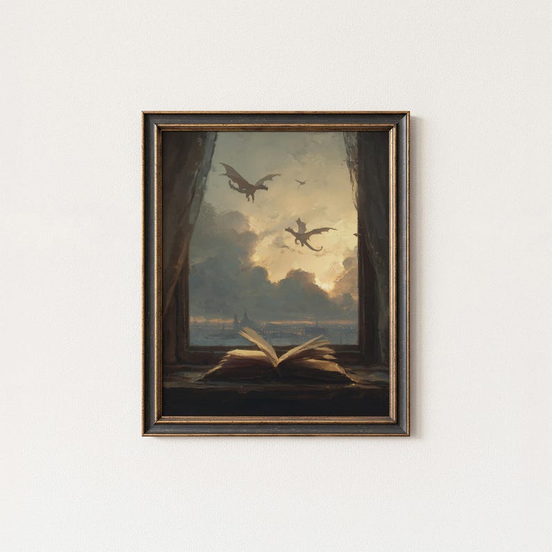May include: Framed artwork depicting a window scene with dragons flying in a cloudy sky. An open book rests on the windowsill. The artwork has a dark, antique aesthetic with a black frame.