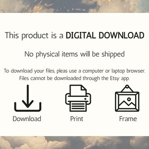 Puede incluir: Fondo blanco con texto: "Este producto es una DESCARGA DIGITAL. No se enviar&aacute;n art&iacute;culos f&iacute;sicos." Incluye iconos para descargar, imprimir y enmarcar. Tambi&eacute;n se incluyen instrucciones para descargar archivos.