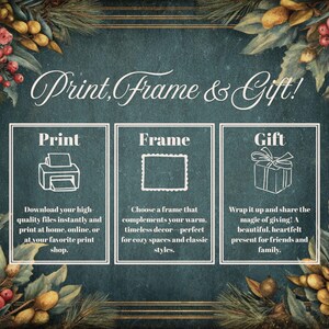 Puede incluir: Gr&aacute;fico de color verde azulado con el texto "Print, Frame & Gift!". Presenta tres secciones: "Print" con un icono de impresora, "Frame" con un icono de marco y "Gift" con un icono de caja de regalo. La imagen est&aacute; enmarcada con elementos bot&aacute;nicos.