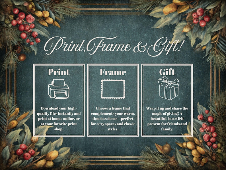Puede incluir: Gr&aacute;fico de color verde azulado con el texto "Print, Frame & Gift!". Presenta tres secciones: "Print" con un icono de impresora, "Frame" con un icono de marco y "Gift" con un icono de caja de regalo. La imagen est&aacute; enmarcada con elementos bot&aacute;nicos.