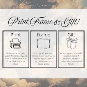 May include: An image with the text "Print, Frame & Gift!" The image is divided into three sections: "Print" with a printer icon, "Frame" with a frame icon, and "Gift" with a gift box icon. Each section has descriptive text.