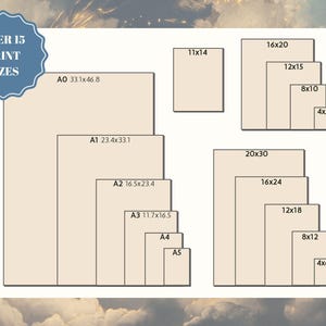 May include: Image showcasing various print sizes, including A0 (33.1x46.8 inches), A1 (23.4x33.1 inches), and several rectangular formats like 16x20, 20x30, and 11x14 inches. The image also includes the text "OVER 15 PRINT SIZES."