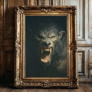 Werewolf Halloween Art | Dark Werewolf Portrait | Gothic Horror Wall Decor | Scary Monster Print | Oil Painting | Spooky Wolf Art