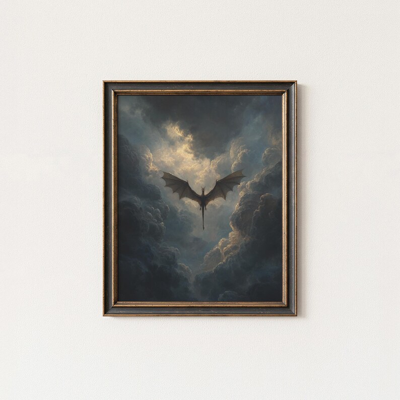 May include: Framed artwork depicting a dragon in flight amidst a dramatic, cloudy sky. The dragon is a silhouette against a bright, golden light, with dark, ominous clouds. The frame is dark with gold detailing.