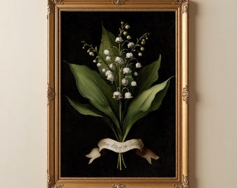 May Birth Flower Print | Lilly of the Valley Botanical Wall Art | Dark Academia Floral Gift