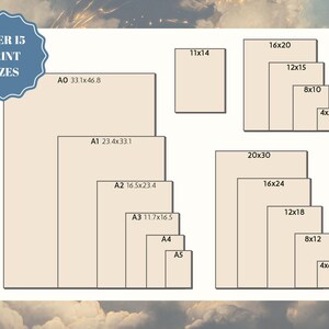 Puede incluir: Imagen que muestra varios tama&ntilde;os de impresi&oacute;n, incluyendo A0 (84.1x118.9 cm), A1 (59.4x84.1 cm), y otros como 16x20, 12x15, y 8x10 pulgadas. El texto "OVER 15 PRINT SIZES" tambi&eacute;n est&aacute; presente.