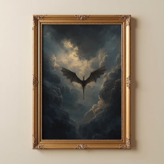 Stormy Dragon Digital Art Print | Dark Academia Fantasy Wall Decor