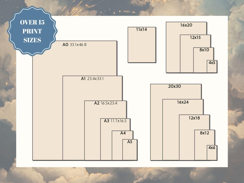 May include: Image displaying print sizes, including A0 (84.1x118.9 cm), A1 (59.4x84.1 cm), and others like 16x20, 12x15, and 8x10 inches. The text "OVER 15 PRINT SIZES" is displayed in a blue circular badge.