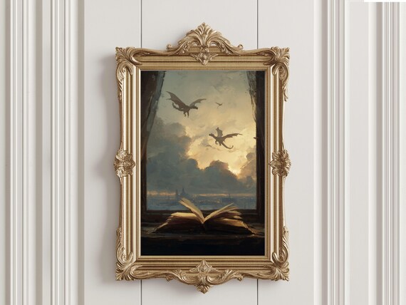 Fantasy Book Art Print | Dragon Window Painting | Book Inspired Wall Art | Bookish Decor | Library Aesthetic | Cozy Fantasy