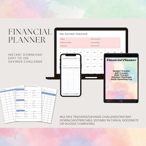 Könnte beinhalten: Ein digitaler Finanzplaner mit dem Text "Financial Planner" und "Savings Challenge". Das Bild zeigt einen Laptop, ein Smartphone und ein Tablet, die Budget-, Rechnungs- und Schulden-Tracker anzeigen. Druckbar und bearbeitbar.