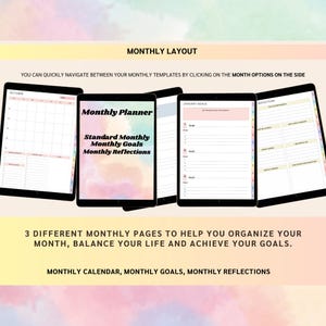 Puede incluir: Varias tabletas muestran un planificador digital con diseños mensuales. Las pantallas muestran un calendario, objetivos y reflexiones. El texto en las pantallas dice "Monthly Planner", "Standard Monthly", "Monthly Goals" y "Monthly Reflections."