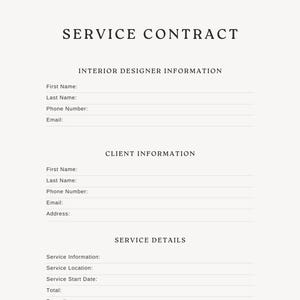 May include: A beige service contract template with the title "SERVICE CONTRACT" in a serif font. The document includes sections for interior designer and client information, service details, and a logo at the bottom. The document is designed for interior design services.