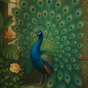 Pfau Wand Kunst zum Ausdrucken – Digitales Art Deco Vogel Poster – Eleganter Dschungel Tierdruck – Vintage Pfau Kunstwerk für Wohnkultur