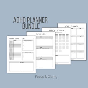 Può includere: Un pacchetto di pianificatori ADHD con un pianificatore giornaliero, mensile e annuale. Il pianificatore giornaliero include un programma, una lista di cose da fare e spazio per le note. Il pianificatore mensile ha un layout di calendario, e l'annuale ha spazio per ogni mese.