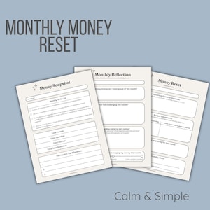 Calm Monthly Money Reset Planner | Review Finances, Reset Budget with 3 Worksheets (PDF Printable)