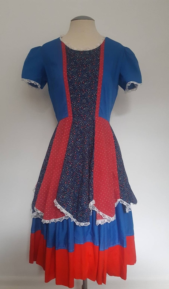 Vintage square dancing prairie dress red blue whi… - image 5