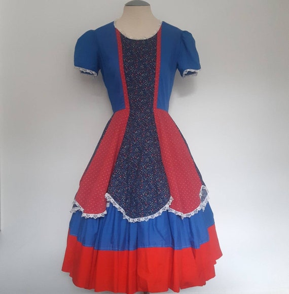 Vintage square dancing prairie dress red blue whi… - image 1