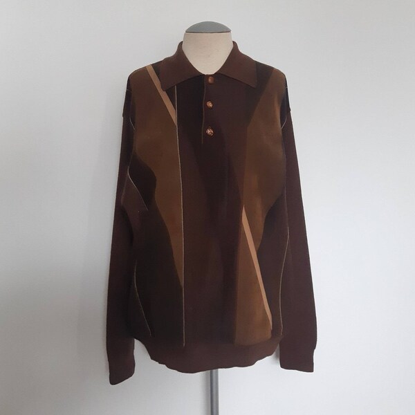 Vintage 70s SERICA men's brown collared abstract sweater knit Alcantara faux suede