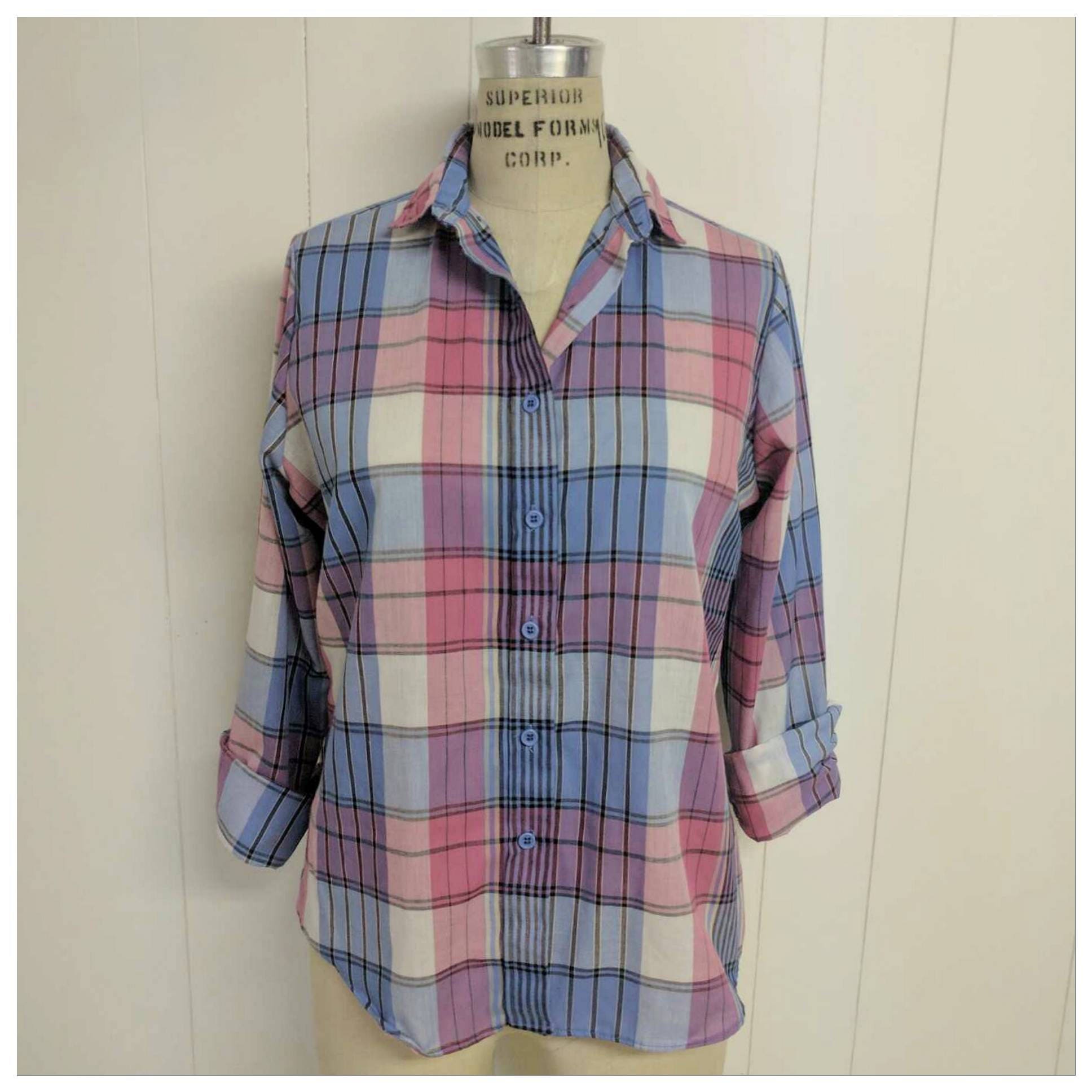 Vintage 80s pink and baby blue PLAID button up shirt Etsy