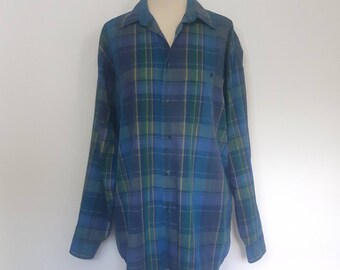 Vintage 90s Mens VALDERMAR button down plaid shirt blue green yellow