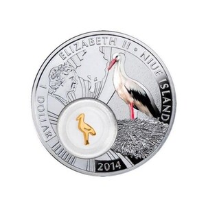 2014 Niue Stork Symbols of Luck w/ 24k Gold Plated Insert 1/2oz .999 Silver Coin