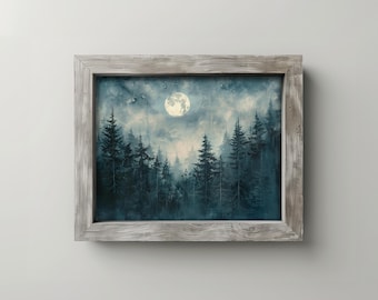 May include: A framed landscape painting depicts a moonlit forest scene. The artwork features tall, dark green pine trees under a cloudy sky with a full moon. The frame is made of weathered, light-colored wood, adding a rustic touch to the artwork.